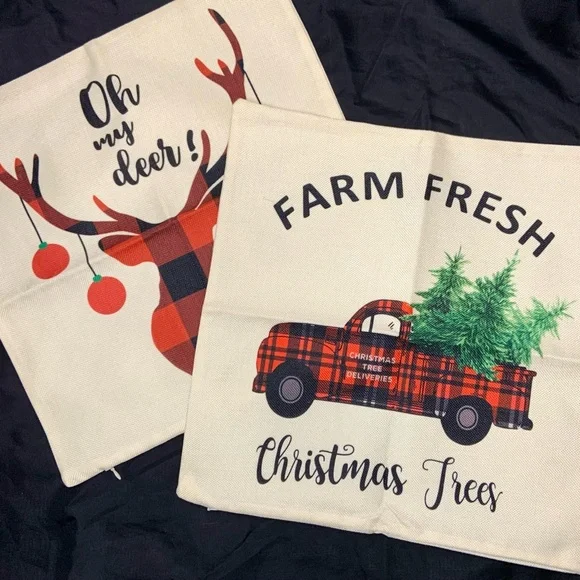 Festive Christmas Holiday Print Burlap Matching Set Pillow Case Set for Home - Picture 2 of 8